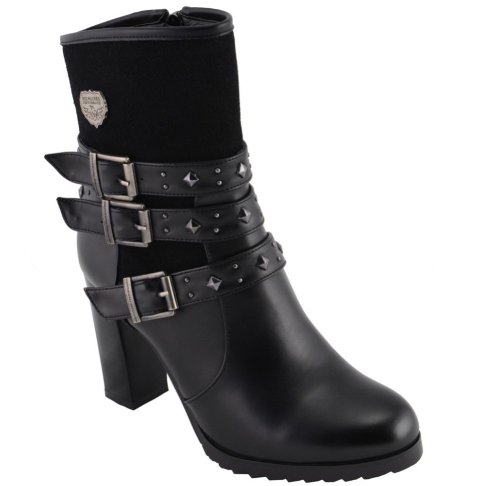 Milwaukee Performance Black Leather Triple Strap Round Toe Block Heel Boots